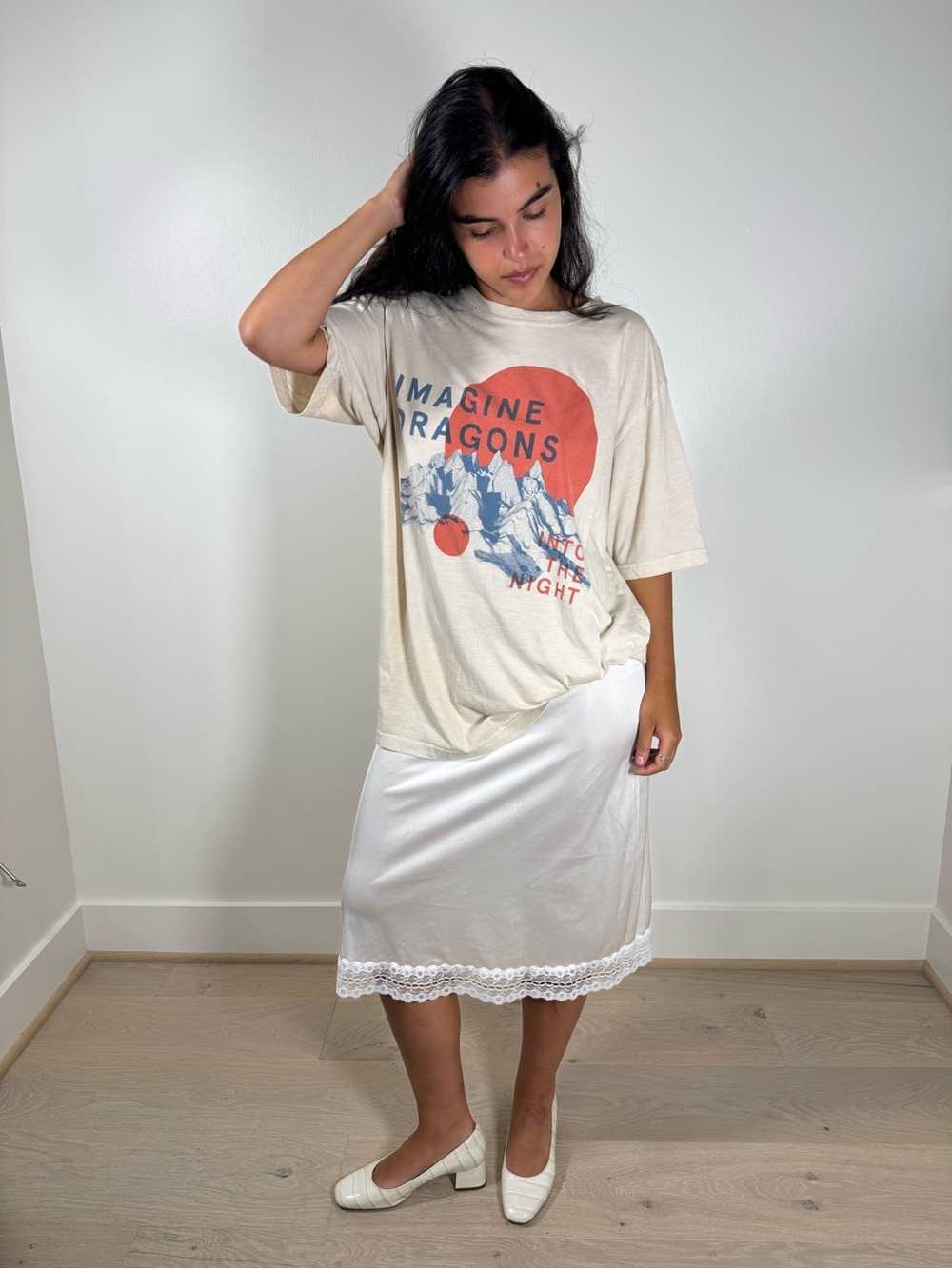 Vintage Imagine Dragons Graphic Tee in Cream with Coral & Blue Print